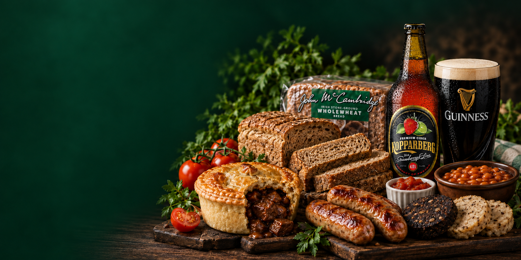 AI-generated serving suggestion: Irish bread, pie, sausages, black and white pudding, Kopparberg cider and Guinness.