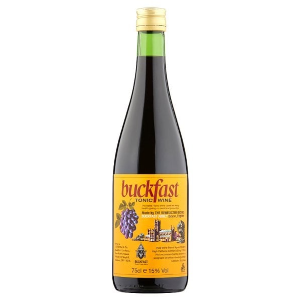 Buckfast Tonic Wine in the classic 75 cl bottle with its yellow label