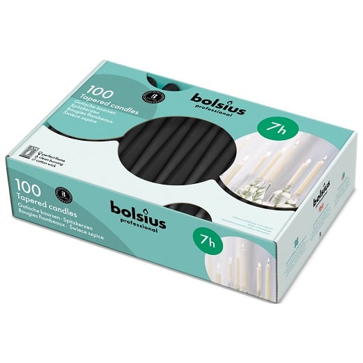 Bolsius Black Dinner Candles | 24 cm high, 23 mm thick, 100 pieces